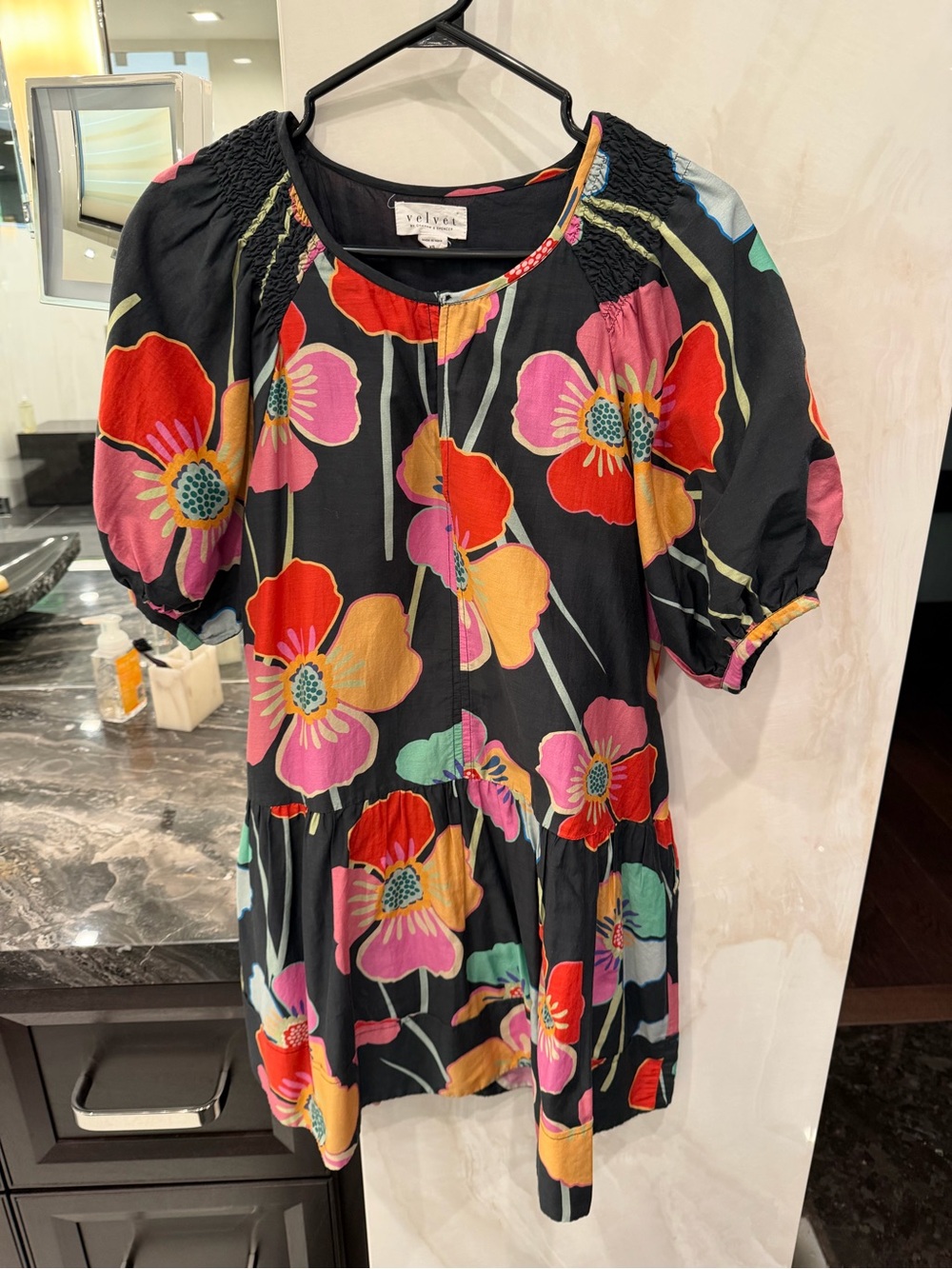 Velvet Black Floral Puff-Sleeve Kids Dress - Pink, Red & Yellow Flowers